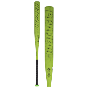 Front view of a neon green Marucci Cypher softball bat with black text, a black grip, and "OFFICIAL SOFTBALL" written vertically.