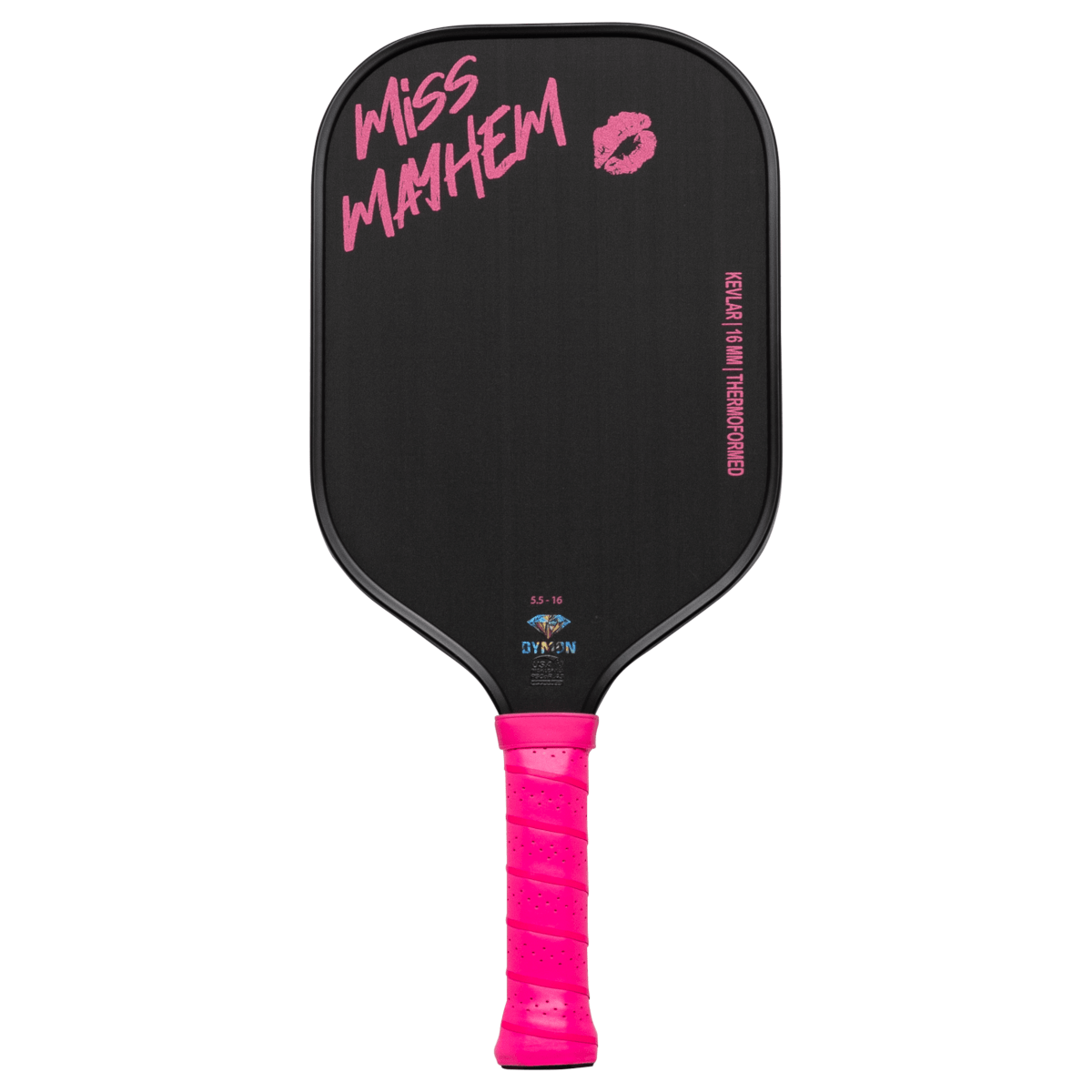 Front view of a black pickleball paddle with pink "MISS MAYHEM" text and a lipstick kiss graphic.