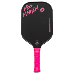 Front view of a black pickleball paddle with pink "MISS MAYHEM" text and a lipstick kiss graphic.