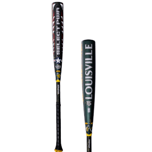 Side view of a Louisville Slugger Select PWR baseball bat featuring a camouflage pattern and bold white lettering.