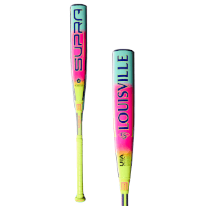 Front view of a Louisville Supra baseball bat with neon green grip, pink and teal gradient, and "SUPRA" branding.