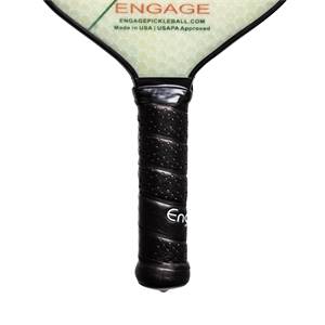 Close-up of a black pickleball paddle grip with a textured pattern and Eng visible.