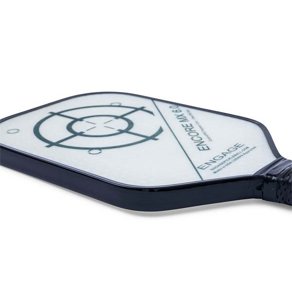 Corner view of a white pickleball paddle with a target design, ENCORE MX 6.0, and ENGAGE branding.