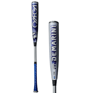 Front view of a silver and blue baseball bat with "DEMARINI" text, blue grip tape, and "OMEGA" graphic.