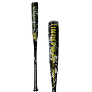 Front view of a black baseball bat with "DEMARINI" in gold lettering and a graphic design.