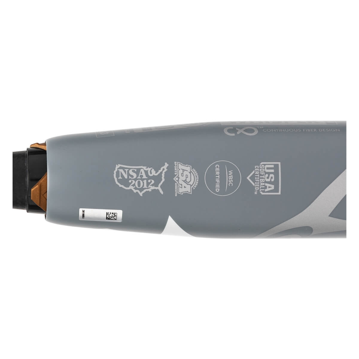 Close-up of a gray fastpitch softball bat showing multiple certification logos and a small barcode sticker.