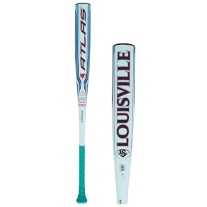 Front view of a light blue baseball bat with "ATLAS 2.0" branding and a teal grip.