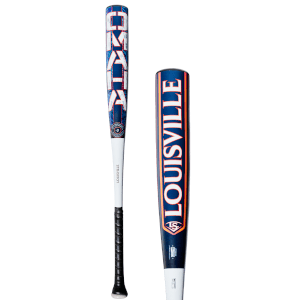 Side view of a Louisville baseball bat showing "LOUISVILLE" in orange on a navy barrel, with "LS" logo.