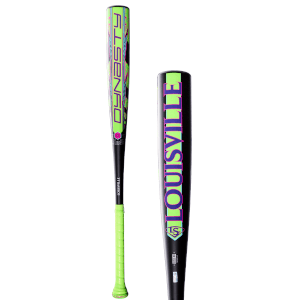 Side view of a black Louisville Dynasty bat with bright neon green and purple lettering.