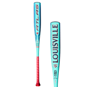 Front view of a teal baseball bat with red grip, featuring "ATLAS 2.0" and "LOUISVILLE" in red lettering.