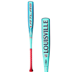 Front view of a baseball bat with "ATLAS" and "20" visible on the barrel, and a red grip.