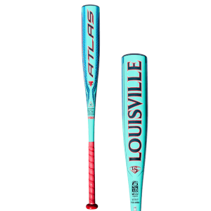 Front view of a teal baseball bat with "ATLAS" in red and blue lettering and a red grip.