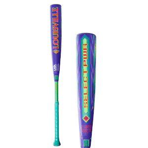 Front view of a Louisville baseball bat with "SELECT PWR" prominently displayed, featuring a purple barrel and green grip.