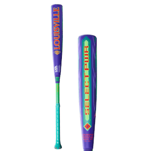 Front view of a purple Louisville baseball bat with "SELECT PWR" in green and yellow on the barrel and "USA BASEBALL" on the handle.