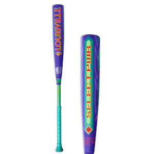 Front view of a purple Louisville Slugger Select PWR baseball bat with green accents and the words "Louisville" and "Select PWR" clearly visible.