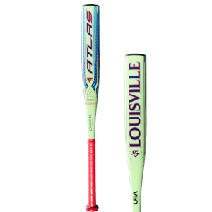 Front view of a Louisville Slugger bat with "ATLAS 2.0" in yellow and blue, and a red grip.
