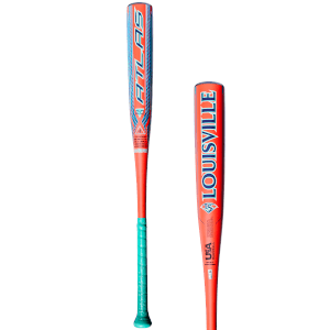 Front view of an orange and blue "ATLAS" baseball bat with a turquoise grip and "LOUISVILLE USA BASEBALL" text.