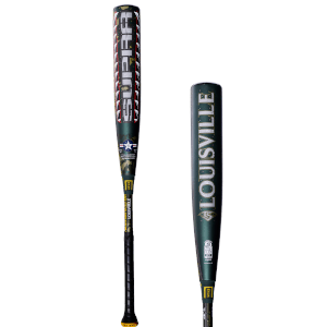 Front view of a Louisville Slugger Super Z baseball bat with camouflage and star graphics.