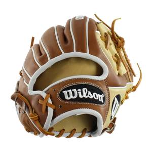 Corner view of a brown and tan baseball glove with white lacing and a Wilson logo.