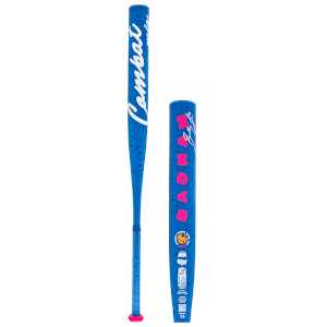 Front view of a blue baseball bat with black speckles, white "Combat" logo, and pink "BADMAN" lettering.