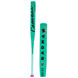 Side view of a teal baseball bat with black splatter, featuring "Combat" and "BAD MAN" in black lettering and "12.75" in pink.