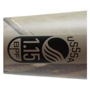Close-up of a camo baseball bat with BPF 1.15 and USSSA logos.