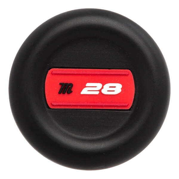 Top-down view of a black baseball bat end cap with a red insert showing a black m and white 28.