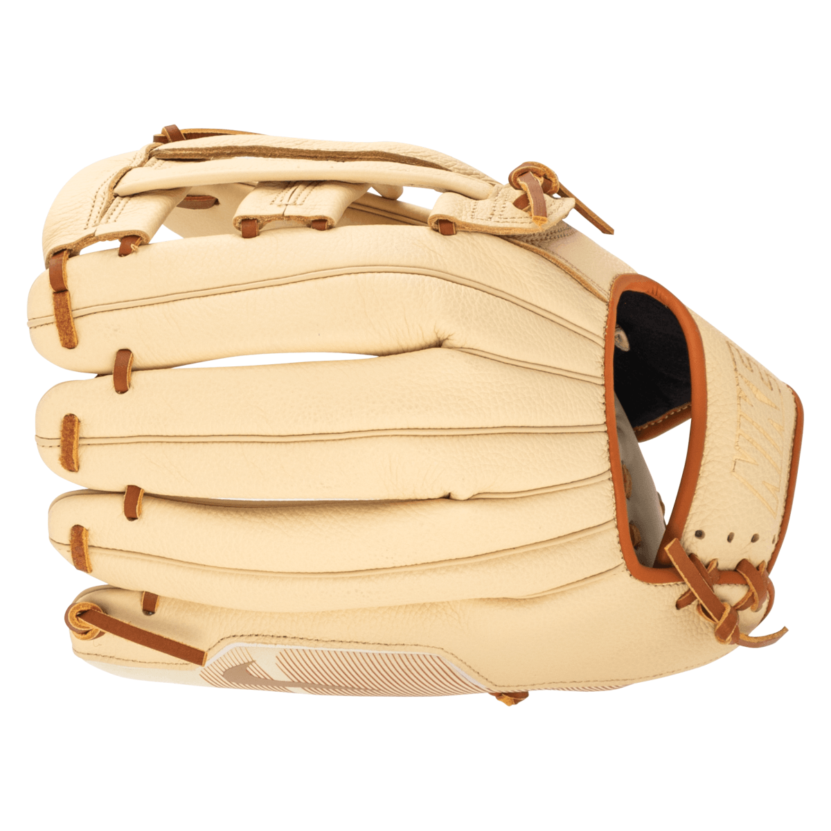 Side view of a beige leather baseball glove with brown lacing, featuring a subtle striped pattern on the palm.