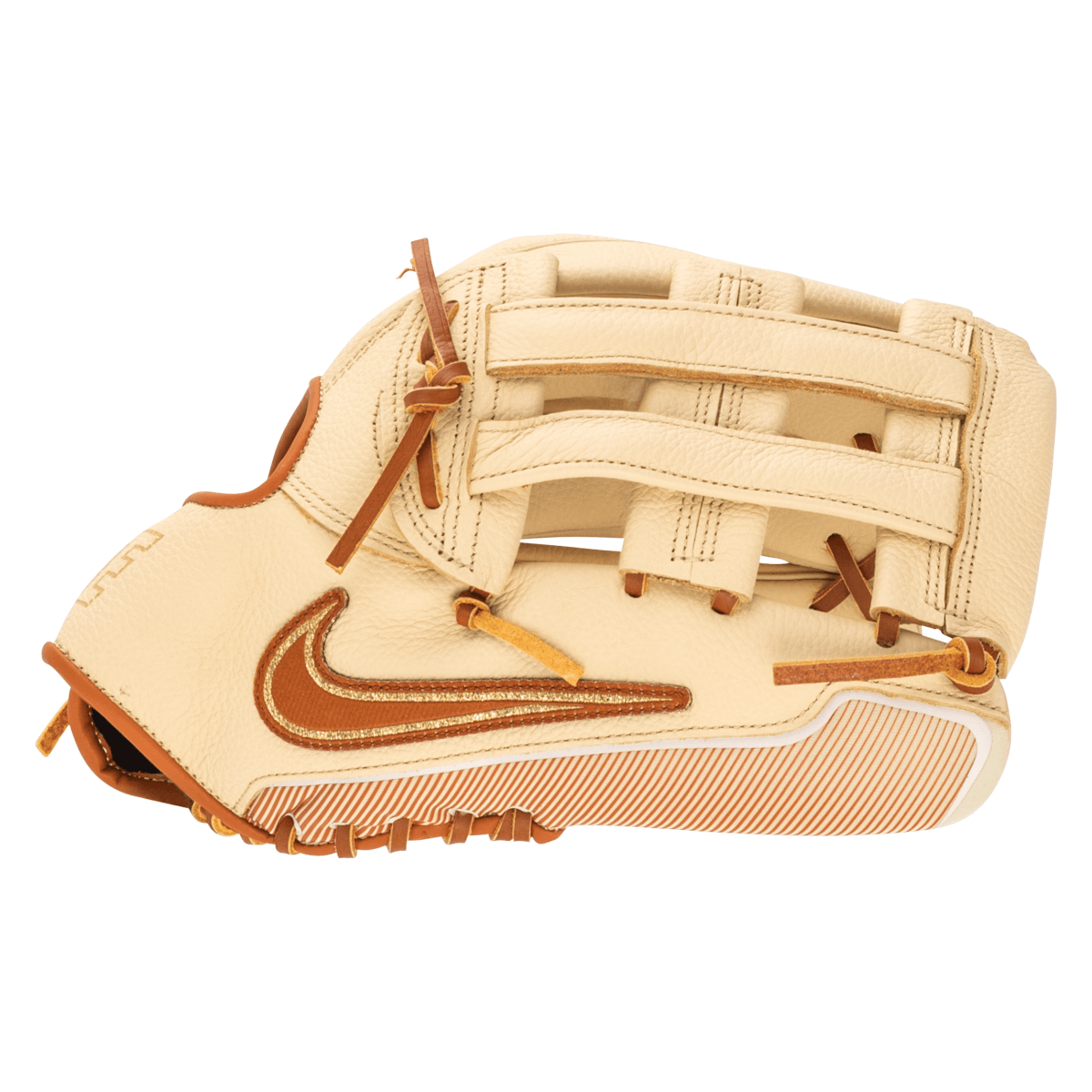 Side view of a cream Nike baseball glove with a brown Nike swoosh and striped palm.