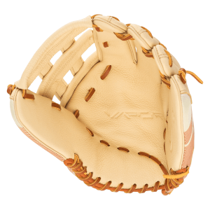 Interior view of a tan leather baseball glove showing "VAPOR" branding and tan lacing.