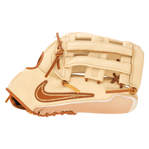 Side view of a cream Nike baseball glove with a brown Nike swoosh and striped palm.