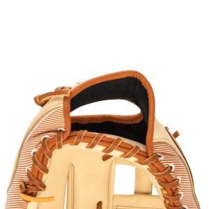 Top-down view of a tan baseball glove showing striped lining, brown leather lacing, and the hand opening.