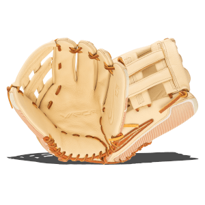 Corner view of a tan Nike Vapor baseball glove with "VAPOR" embossed on the palm and a Nike swoosh.
