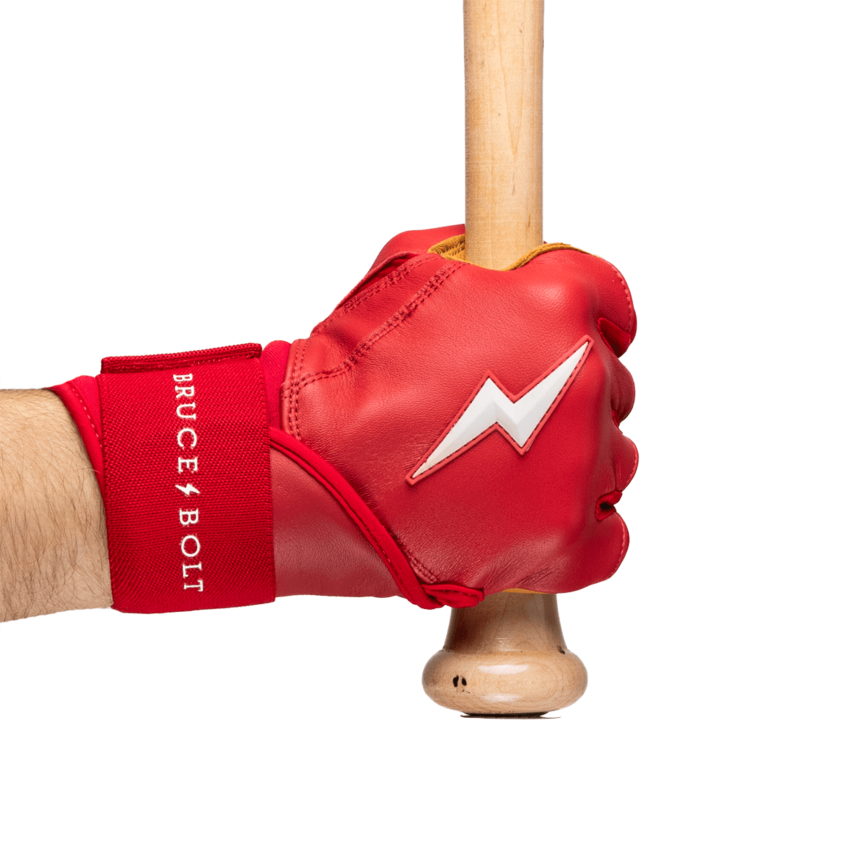 Close-up of a red batting glove with a white lightning bolt logo, gripping a wooden bat, with "BRUCE BOLT" text on the wrist strap.
