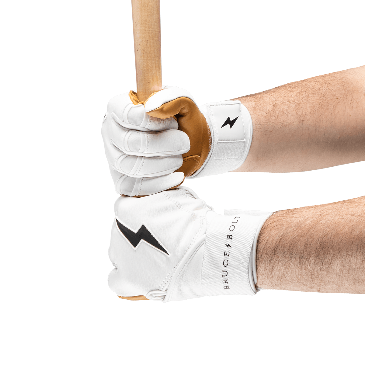 Front view of hands holding a baseball bat wearing white batting gloves with brown leather accents, black lightning bolt logos, and "BRUCE BOLT" text.
