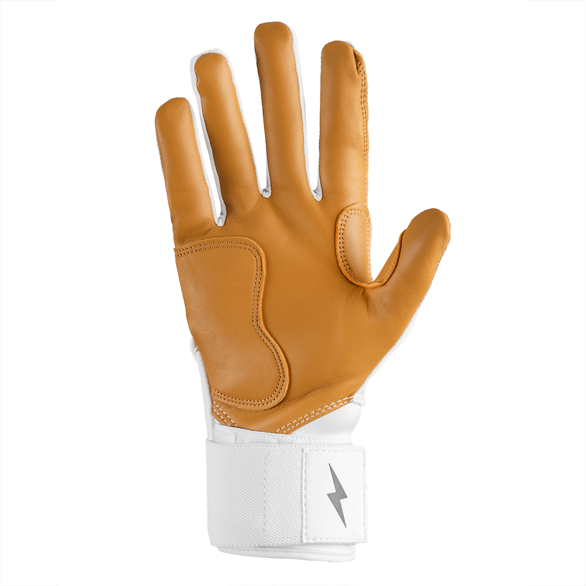 Palm-side view of a brown and white glove with a grey lightning bolt logo on the wrist strap.