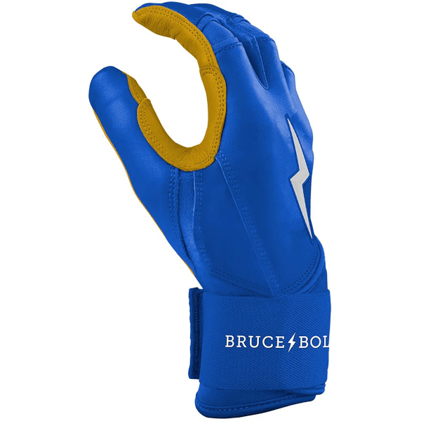 Side view of a blue batting glove with yellow accents, a white lightning bolt logo, and "BRUCE BOL" text.