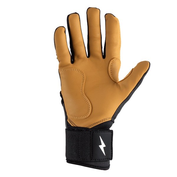 Palm view of a tan leather glove with black trim, stitched panels, and a white lightning bolt logo on the wrist strap.