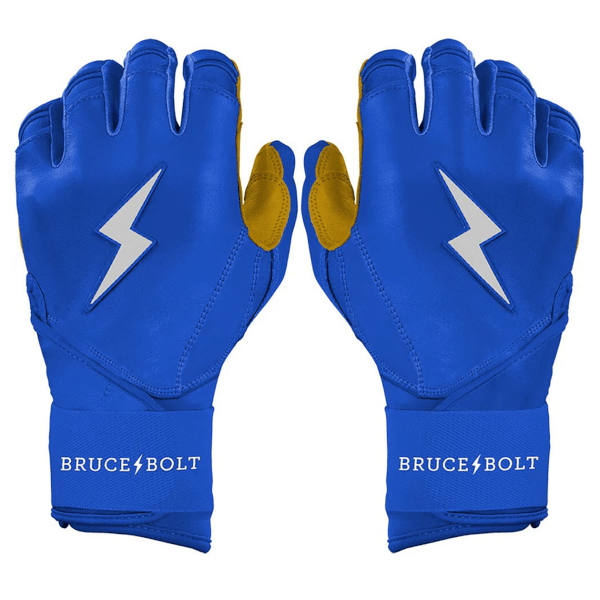 Front view of blue batting gloves with white lightning bolt logos and "BRUCE BOLT" text.