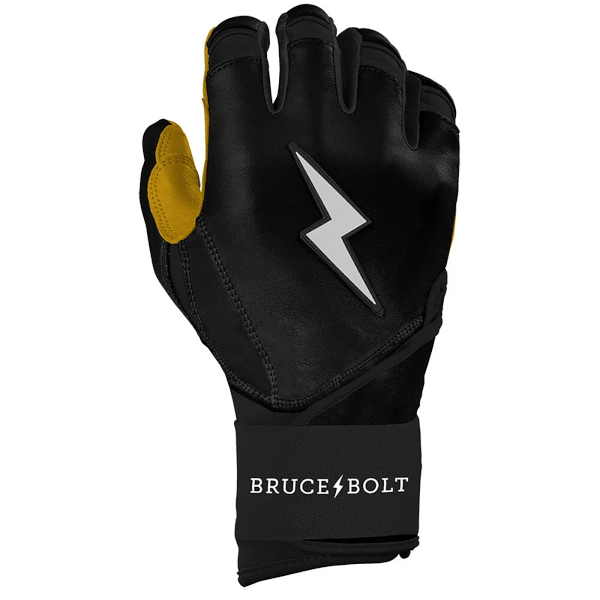 Front view of a black batting glove with gold accents, a white lightning bolt logo, and "BRUCE BOLT" text.