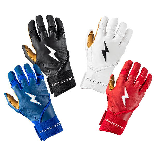 Four Bruce Bolt batting gloves in black, white, blue, and red, each with a white lightning bolt logo and "BRUCE BOLT" text.
