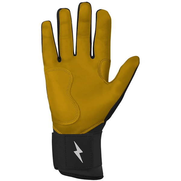 Front view of a yellow glove with black trim and a white lightning bolt logo on the wrist strap.