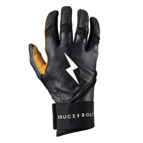 Front view of a black batting glove with a white lightning bolt logo and "BRUCE BOLT" text on the wrist strap.