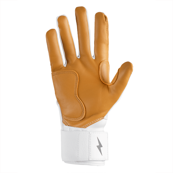 Palm-side view of a brown and white glove with a grey lightning bolt logo on the wrist strap.