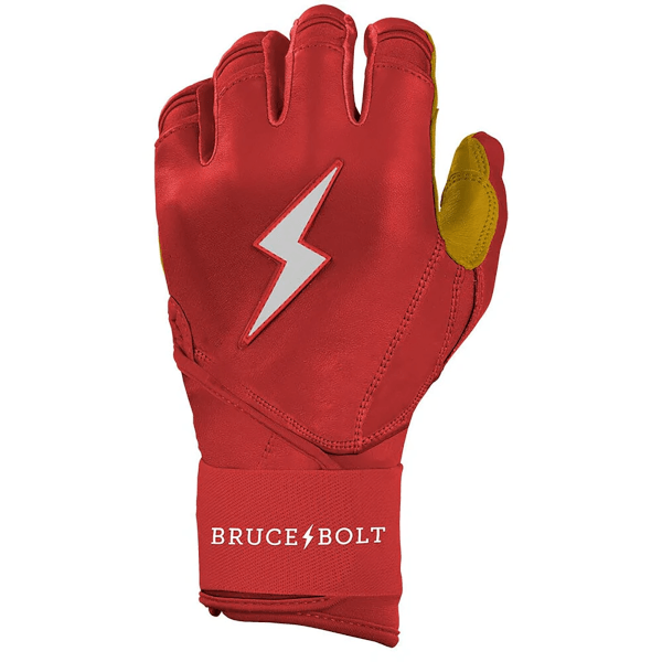 Front view of a red batting glove with a white lightning bolt logo and "BRUCE BOLT" text on the wrist strap.