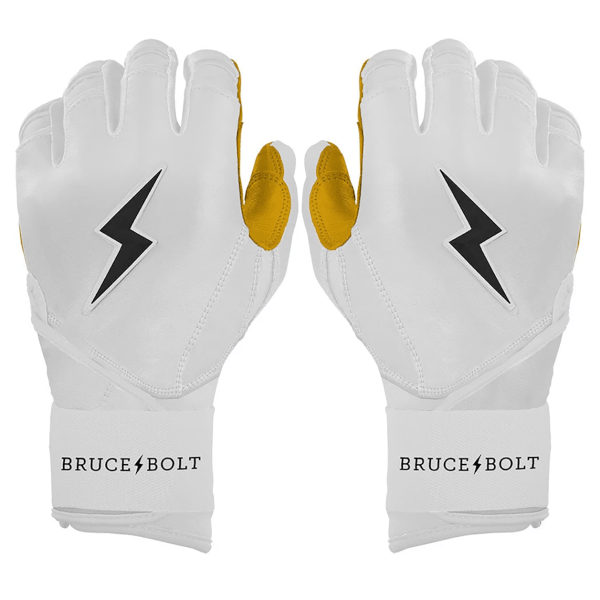 Front view of white batting gloves with yellow palms, black lightning bolt logos, and "BRUCE BOLT" text.