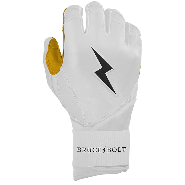 Front view of a white batting glove with yellow accents, a black lightning bolt logo, and "BRUCE BOLT" printed on the wrist strap.