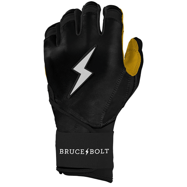Front view of a black batting glove with yellow accents, a white lightning bolt graphic, and "BRUCE BOLT" text.