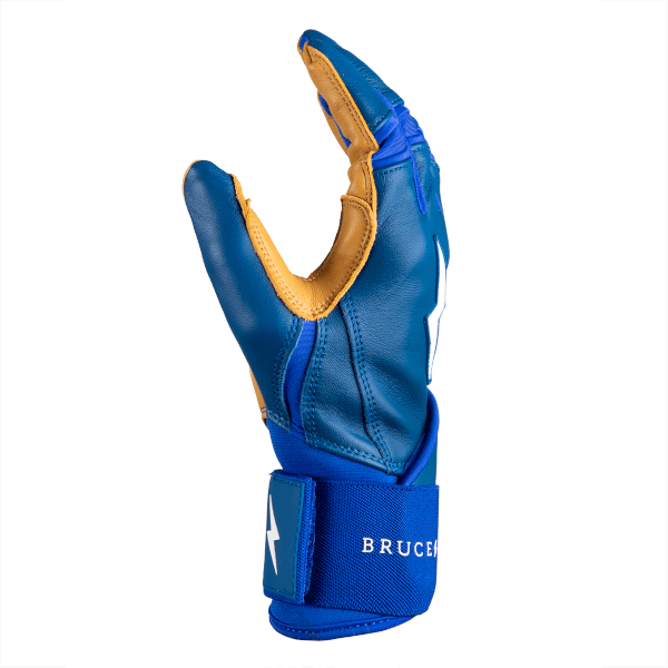 Side view of a blue baseball glove with tan accents, featuring a lightning bolt logo and the word "BRUCE".