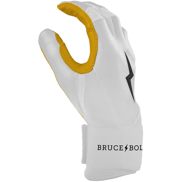 Side view of a white batting glove with gold accents, a black lightning bolt logo, and "BRUCE BOL" text on the wrist strap.